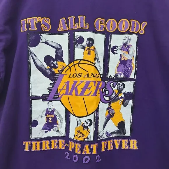 Vintage 2002 Los Angeles Lakers Tree Peat Fever Playoffs Mens T-Shirt XL Purple